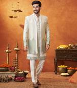 White chanderi silk plain jacket with kurta and pant