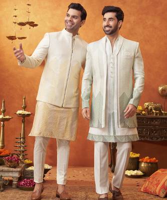 White chanderi silk plain jacket with kurta and pant 2