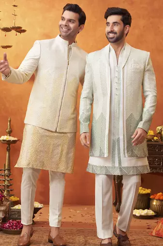 White chanderi silk plain jacket with kurta and pant