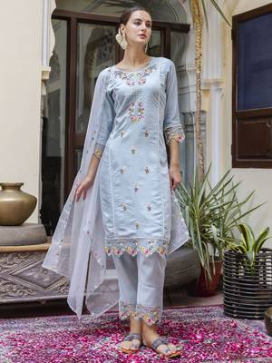 Sky embroidered viscose roman silk salwar suit 1
