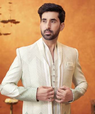 White chanderi silk plain jacket with kurta and pant 3