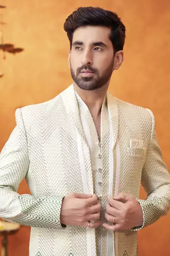 White chanderi silk plain jacket with kurta and pant