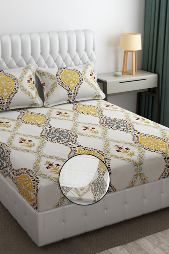 Floral cream bed sheets with 2 king size pillow cover and double bed around elastic size 72x78x8 inches