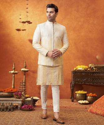 White chanderi silk plain jacket paired with kurta & pant 1