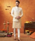 White chanderi silk plain jacket paired with kurta & pant