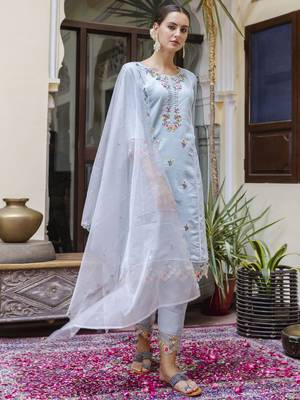 Sky embroidered viscose roman silk salwar suit 2