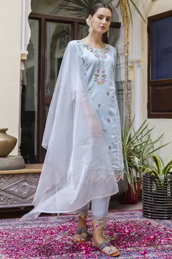Sky embroidered viscose roman silk salwar suit