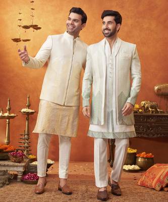 White chanderi silk plain jacket paired with kurta & pant 2