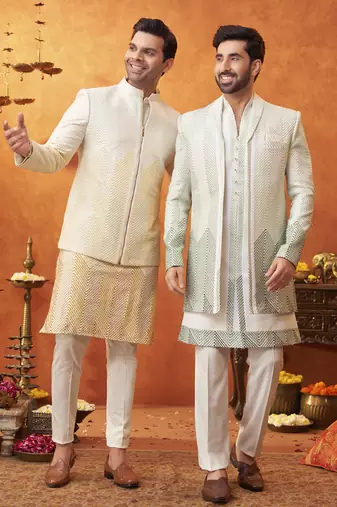 White chanderi silk plain jacket paired with kurta & pant