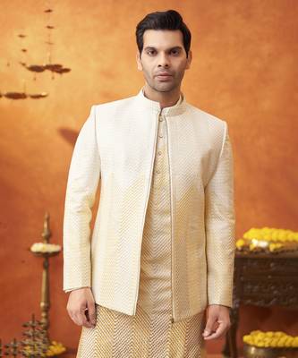 White chanderi silk plain jacket paired with kurta & pant 3