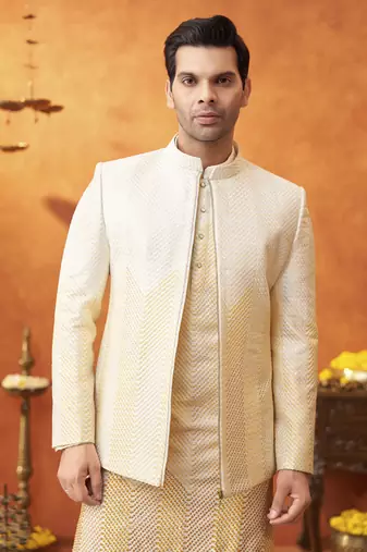 White chanderi silk plain jacket paired with kurta & pant