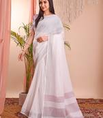 White cotton blend woven saree