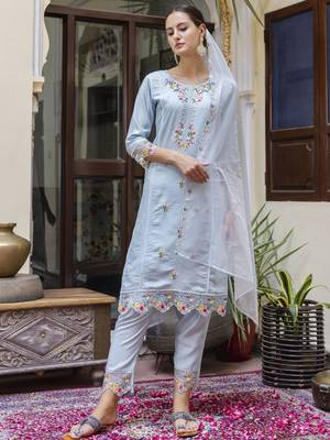 Sky embroidered viscose roman silk salwar suit 3