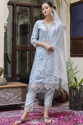 Sky embroidered viscose roman silk salwar suit