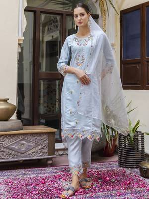 Sky embroidered viscose roman silk salwar suit 4