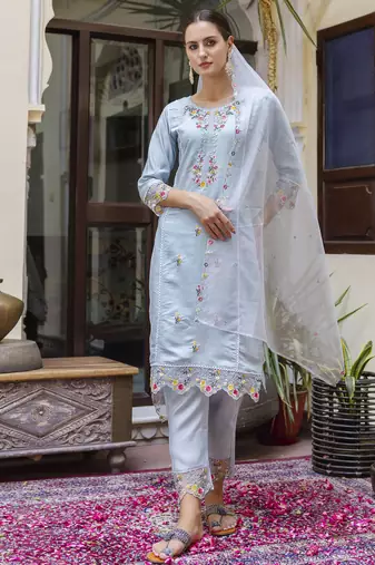 Sky embroidered viscose roman silk salwar suit