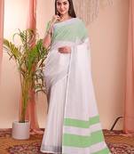 White cotton blend woven saree