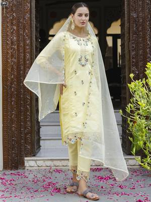 Yellow embroidered viscose roman silk salwar suit 1