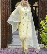 Yellow embroidered viscose roman silk salwar suit