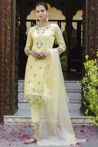 Yellow embroidered viscose roman silk salwar suit