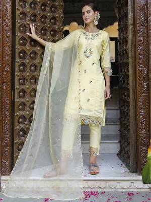 Yellow embroidered viscose roman silk salwar suit 3