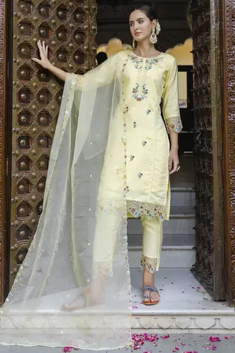 Yellow embroidered viscose roman silk salwar suit