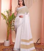 White cotton blend woven saree