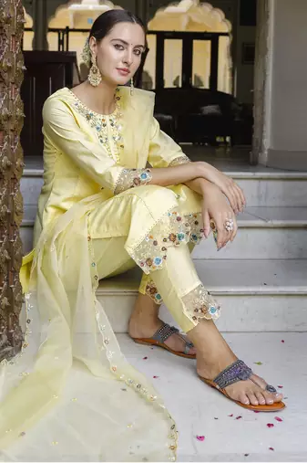 Yellow embroidered viscose roman silk salwar suit