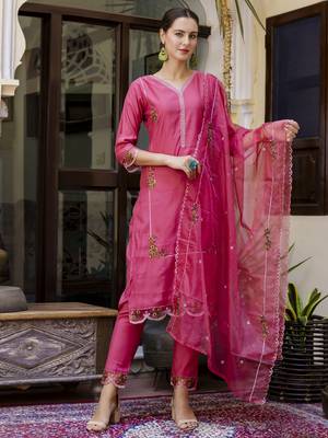 Pink embroidered viscose roman silk salwar suit 1