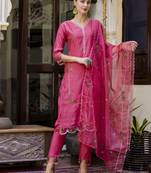 Pink embroidered viscose roman silk salwar suit
