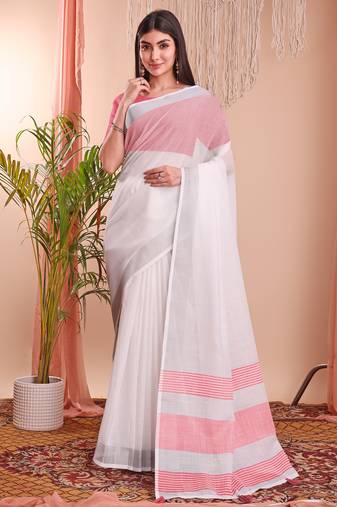 White cotton blend woven saree
