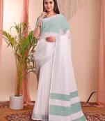 White cotton blend woven saree