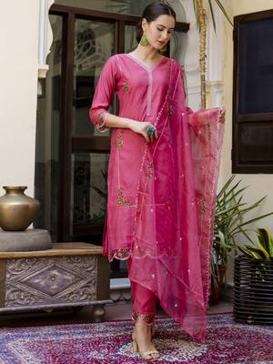 Pink embroidered viscose roman silk salwar suit 3