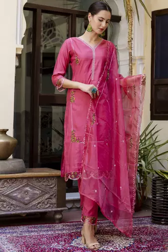 Pink embroidered viscose roman silk salwar suit