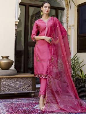 Pink embroidered viscose roman silk salwar suit 4