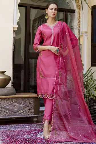 Pink embroidered viscose roman silk salwar suit