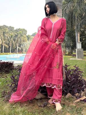 Pink embroidered viscose roman silk salwar suit 1