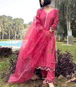 Pink embroidered viscose roman silk salwar suit