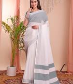 White cotton blend woven saree
