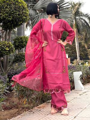 Pink embroidered viscose roman silk salwar suit 2