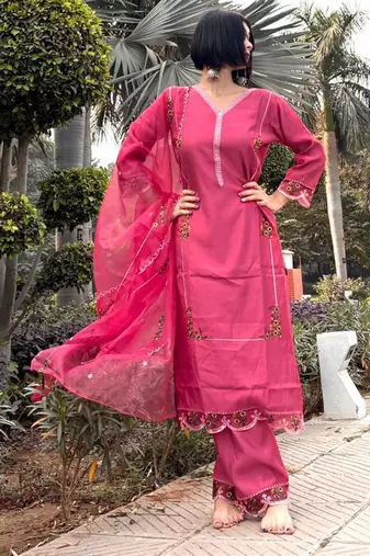 Pink embroidered viscose roman silk salwar suit