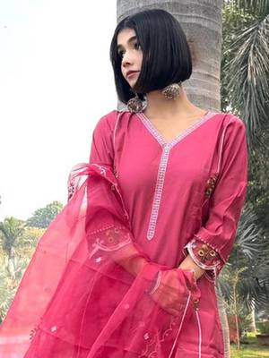 Pink embroidered viscose roman silk salwar suit 3