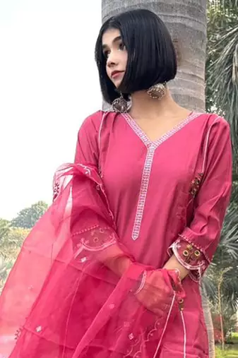 Pink embroidered viscose roman silk salwar suit