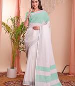 White cotton blend woven saree
