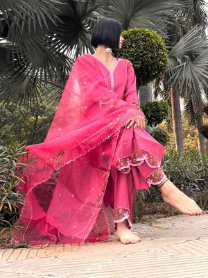 Pink embroidered viscose roman silk salwar suit 4