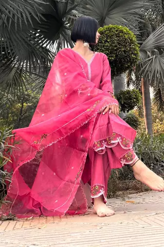 Pink embroidered viscose roman silk salwar suit