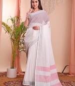 White cotton blend woven saree