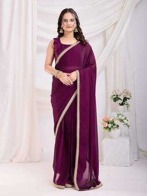 pre-stitched purple silk blend solid printed saree with lace border 1