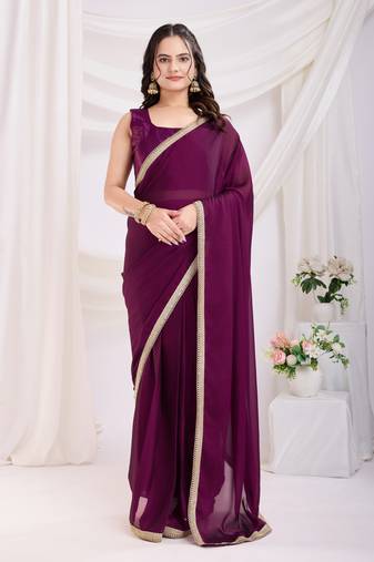 Purple silk blend pre stitched solid printed saree with lace border