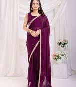 ready to wear purple silk blend solid printed saree with lace border